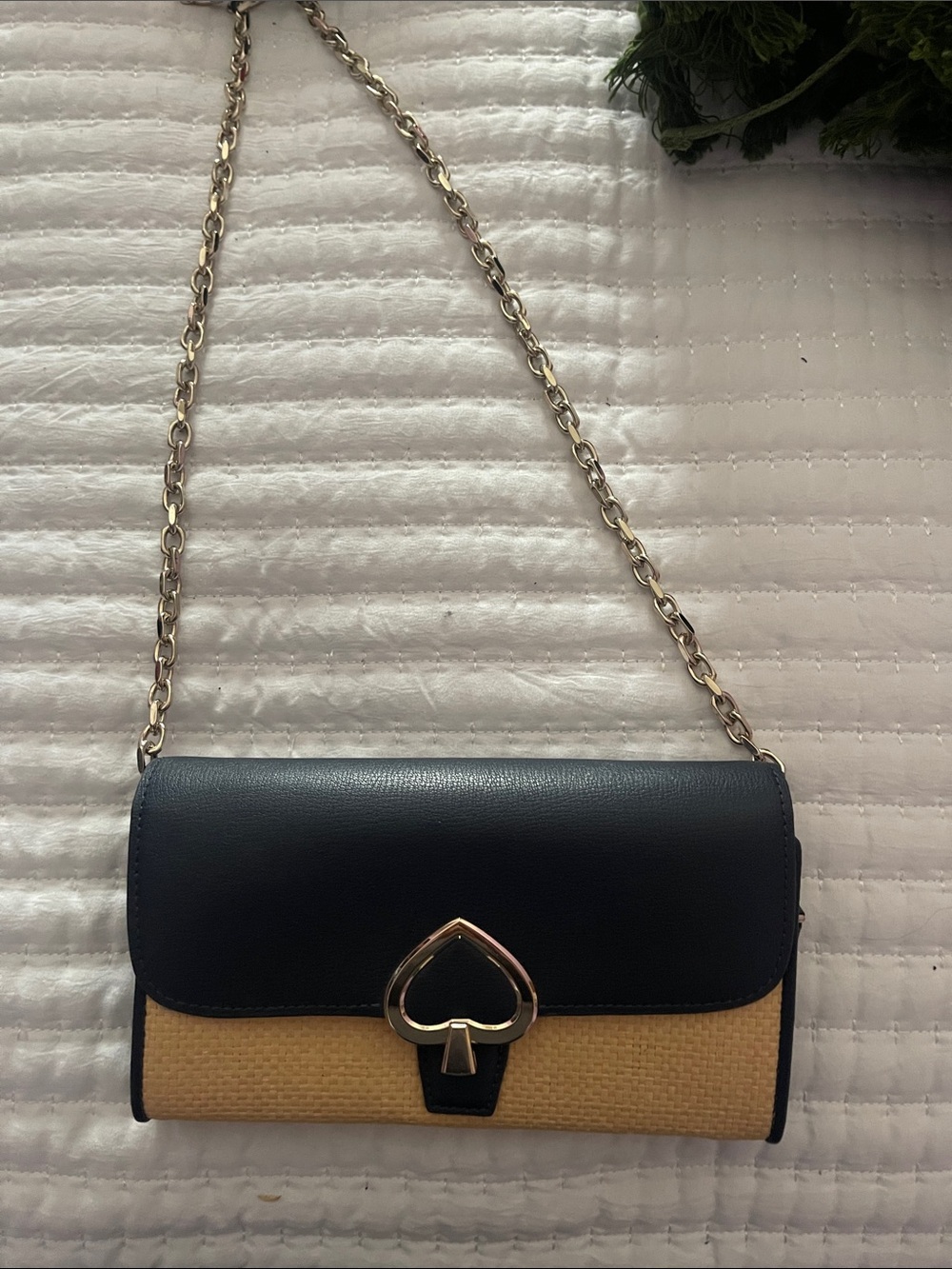 Navy and Natural Crossbody Bag with Gold Heart Clasp